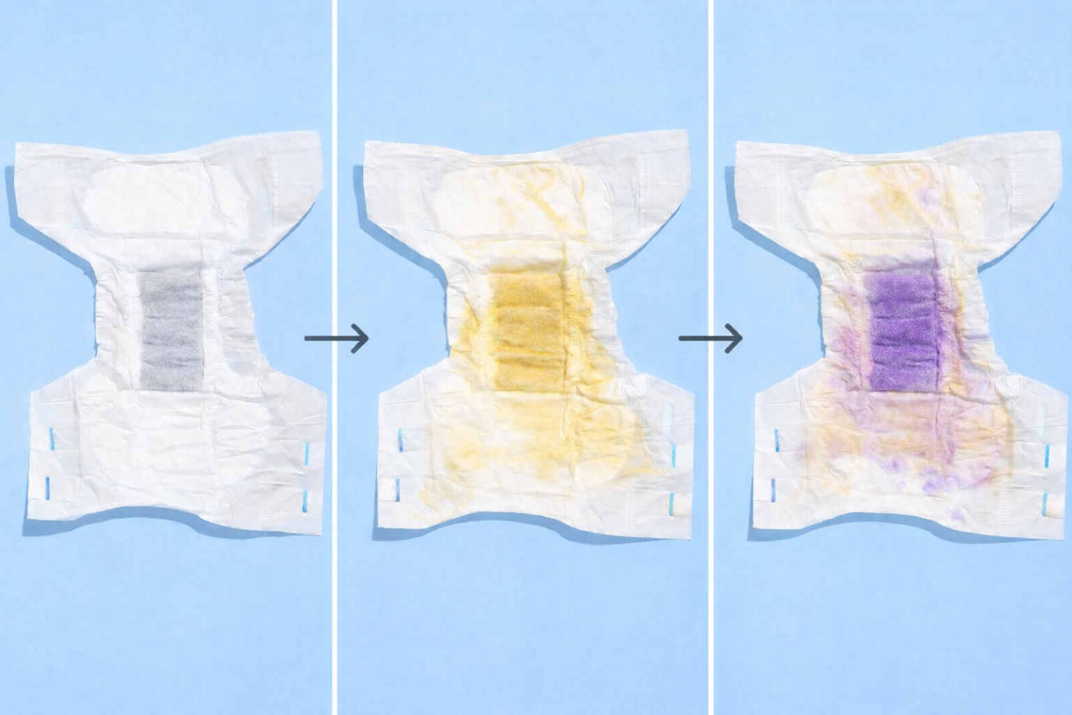 Three stages of the LOO brief shown side by side: clean white brief, brief saturated with urine, and brief with a distinct purple color change indicating nitrite detection.